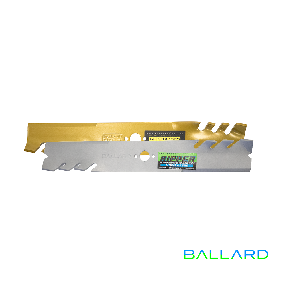MULCHING Mower Blades: 16 1/4" Long, 13/16" Center Hole w/ Guide Holes, 2.5" Wide (Three Blade System) image number null